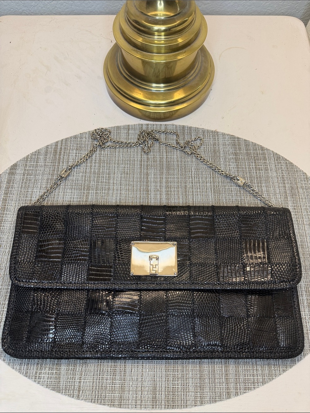 Black Lizard Chain Clutch with Silver Hardware